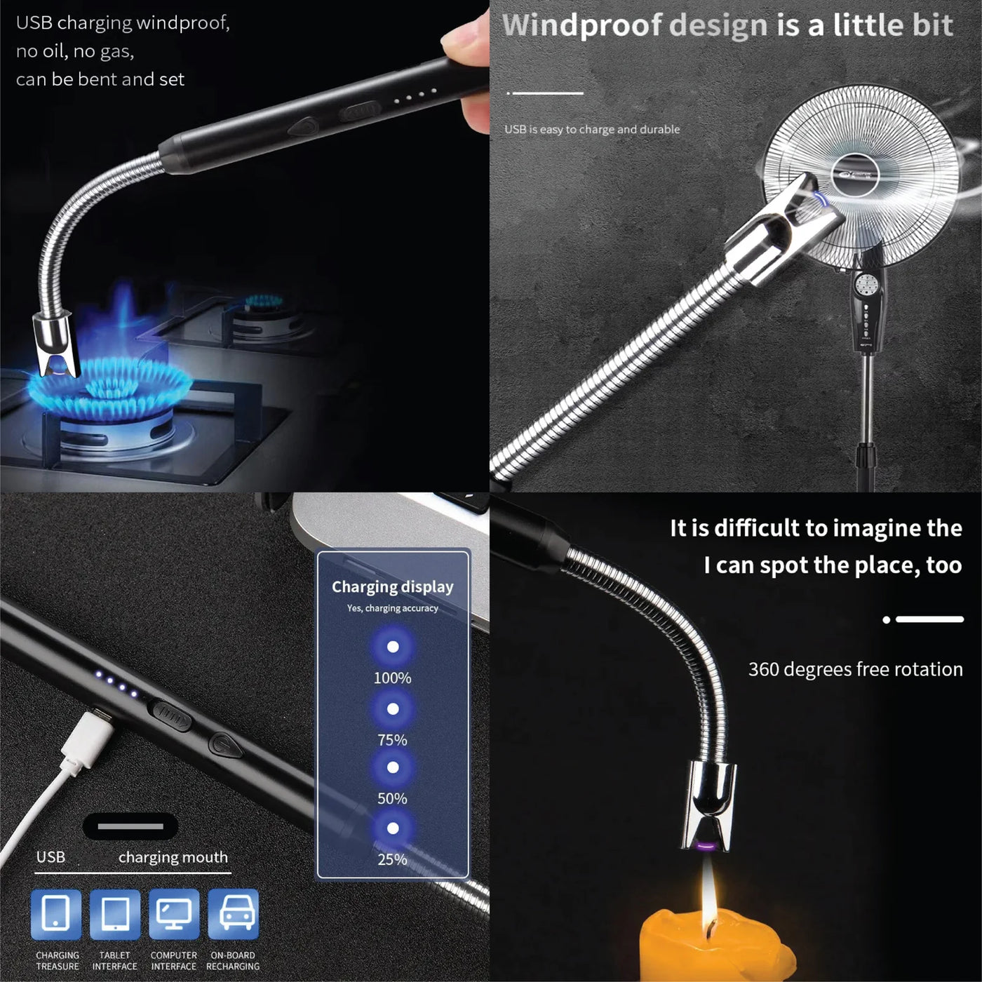 360° USB Rechargeable Plasma Arc Lighter - Windproof